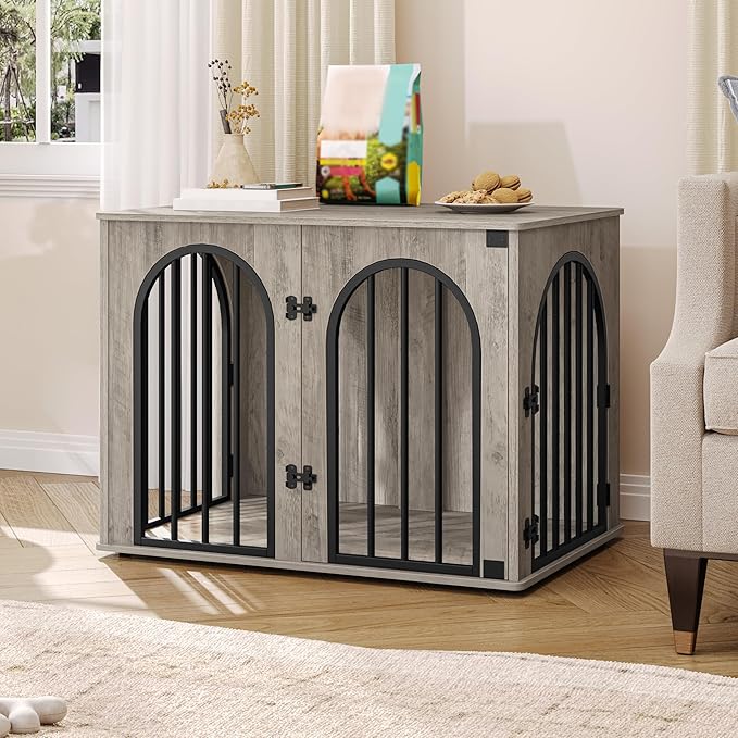 31.5'' Wooden Dog Crate Furniture, Indoor Dog Kennel Dogs Cage for Small/Medium Dogs, Heavy Duty Dog Crates Decorative Pet House End Side Table TV Stand, Greige Black DFC85105B