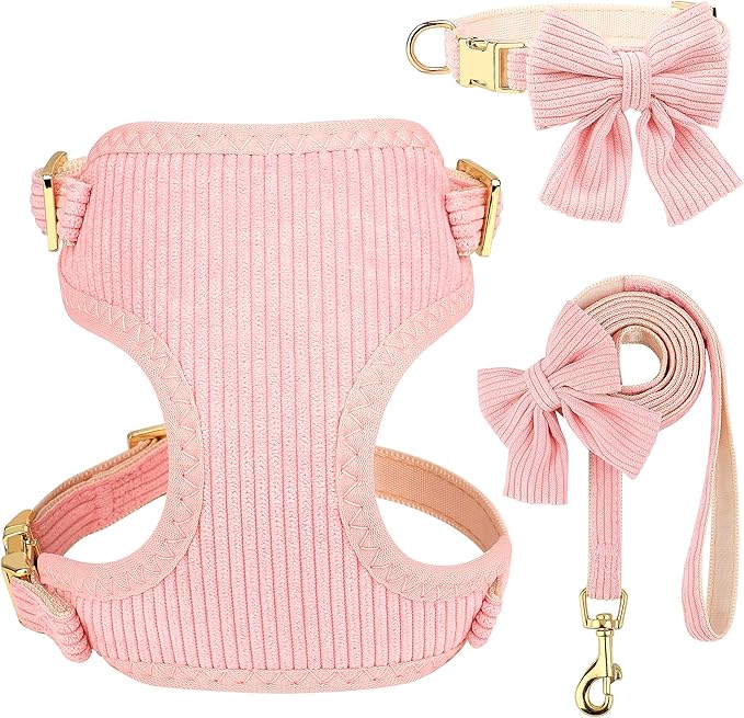 Didog Cute Small Dog Harness Collar and Leash Set with Bowtie, Breathable Soft Mesh Padded Puppy Harness, Pink Dog Harness for Parties, Holiday Gatherings & Gifts, Pink, M