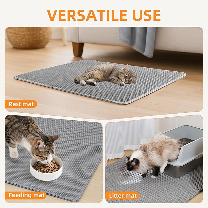 Cat Litter Mat for Litter Box, 30"×21" Large Double Layer Trapping Mat, Easy-Clean Scatter Non-Slip Water Proof Kitty Litter Pad, Grey