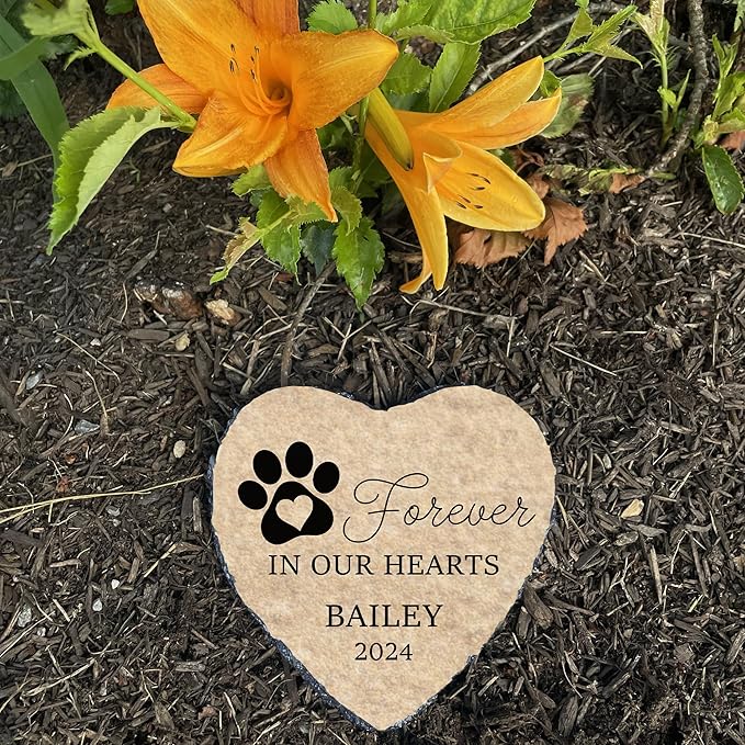 Personalized Dog Memorial Stone, Forever in Our Hearts Paw Print Heart Plaque, Pet Loss Gift for Dogs (S-20)