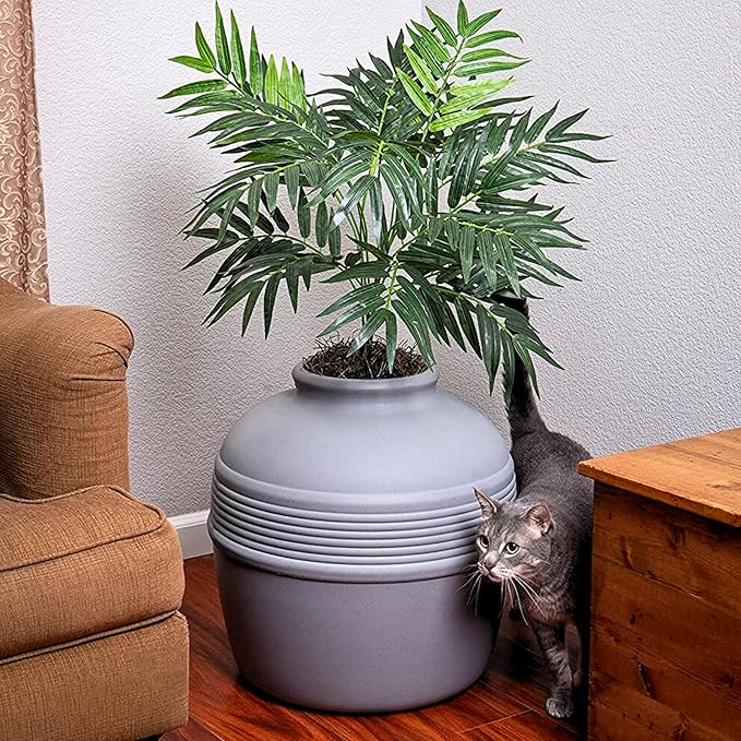 Good Pet Stuff Hidden Litter Box Planter, Decorative Cat Litter Enclosure with Carbon Filter, Artificial Plant, Easy Clean, Indoor Design, Original Round Style, Base Kit, Stone Gray