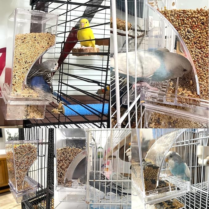 Automatic Bird Feeder for Cage No Mess Parakeet Feeder Seed Food Container Feeding Station Cage Accessories for Small Birds Parrot Canary Lovebirds(Transparent)