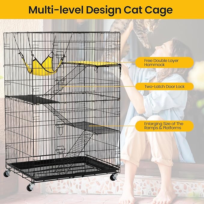 Yaheetech 49'' Collapsible Cat Cage 4-Tier Metal Cat Kennel Ferret Enclosure Chinchilla Cage with Rotating Casters/Ramp/Ladders/Hammock for Indoor Kitten