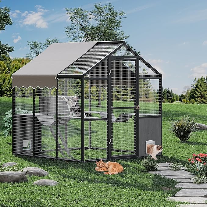 Large Outdoor Cat Enclosure for Multiple Cats - Weatherproof Catio with UV Cover, Platform & Side Door