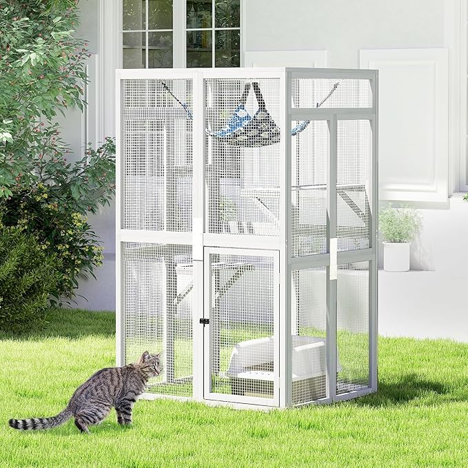 COZIWOW Upgraded Outdoor Cat Catio with Window Access & Jumping Platforms, Weatherproof Wooden Cat Enclosure for Patio/Garden/Backyard (White, 2 Platforms + Hammock, Supports 44lbs)