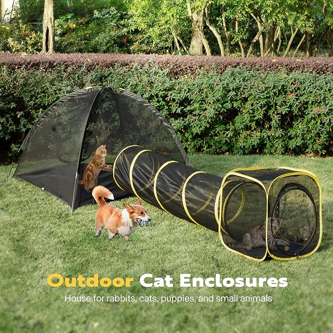 VIVOHOME Outdoor Cat Enclosures 3-in-1 Portable Catio w/Large Cat Tent, Tunnel, Playhouse, 5 Piece Door, Cat Leash, Mint Ball for Rabbits, Dogs and Feline Friends to Explore in Yard, Balcony, Camping