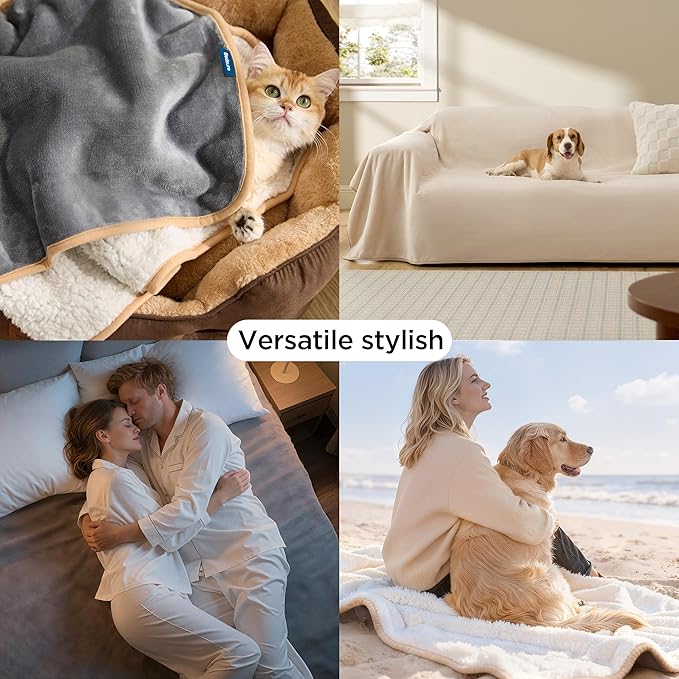 Bedsure Waterproof Blanket for Bed - Sherpa Fleece Waterproof Dog Blankets for Large Dogs, Pet Blankets for Bed/Couch/Dog Crate, Soft Plush Reversible Furniture Protector, Twin-XL, 66"x90", Grey
