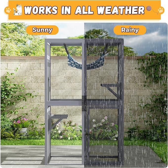COZIWOW Upgraded Catio Outdoor Cat Enclosure Window Access, Wooden Cat House Shelter, Kitty Cage with Platforms & Hammock Patio Indoor (Gray)