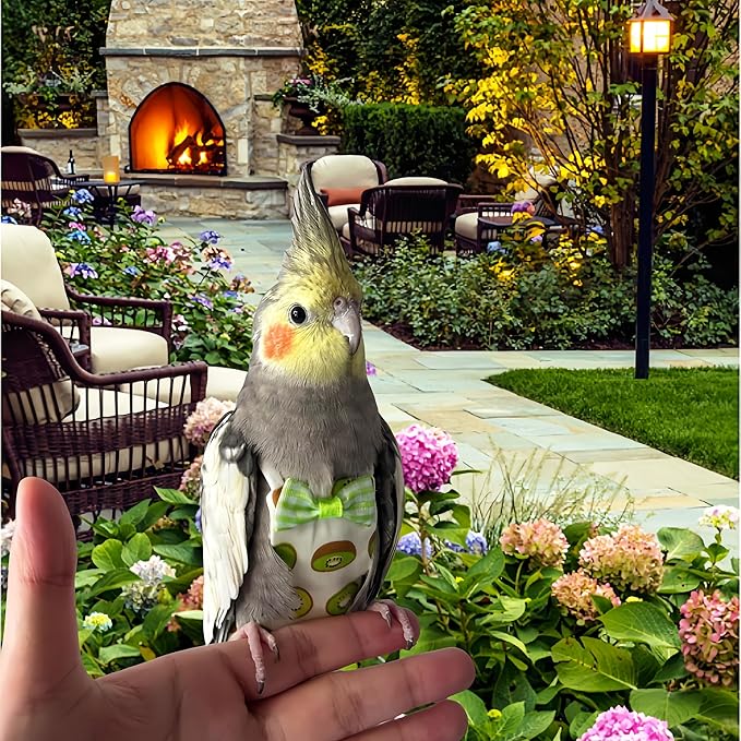 2 Pcs Bird Diapers Bird Harness Flight Suits Diapers with 80 Inch Flying Leash Reusable Parrot Nappy with Waterproof Inner Layer for Cockatiel Budgie Conure Parakeet Lovebird-Kiwi&Banana
