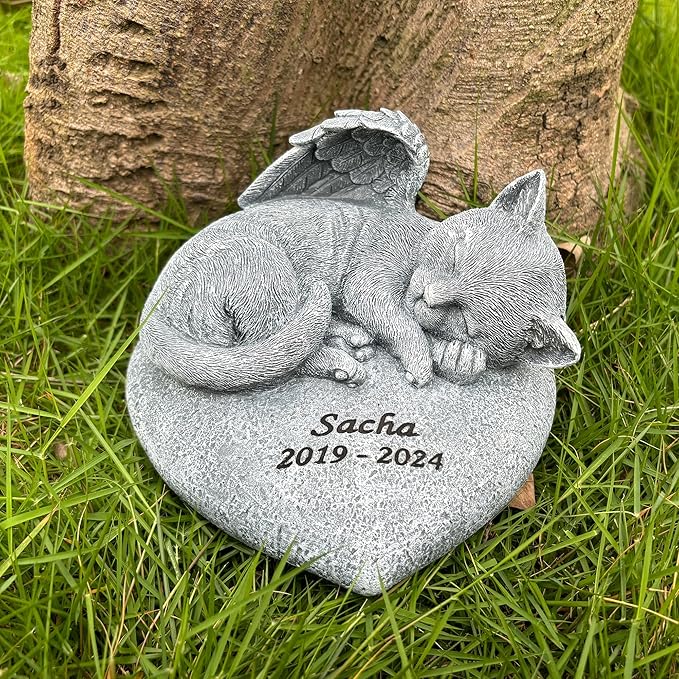 Custom Angel Cat Memorial Grave Marker Tribute Statue,Personalized Pet Cat Headstone Memorial Gift Garden Stone, Engraved with Name and Date,Gift for Sweet Kitty