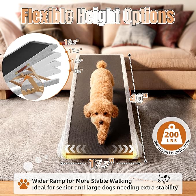 Dog Ramp for Bed – Foldable Wooden Pet Ramp with Soft Plush Fabric Cover 14"–20" Adjustable Height, Non-Slip Surface & Wide 17.7" Platform–Supports Small to Large Dogs up to 200 lbs