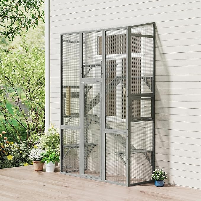 PawHut Outdoor Catio Cat Enclosure, Large Wooden Cat House with 6 Jumping Platforms, Scratching Post, 2 Ramps, Waterproof Roof, Cat Cage Window Access for 2-3 Kittens, 99" H, Gray