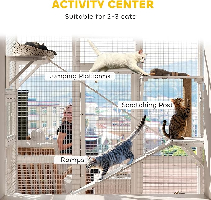 PawHut Outdoor Catio Cat Enclosure, Large Wooden Cat House with 6 Jumping Platforms, Scratching Post, 2 Ramps, Waterproof Roof, Kitty Cage Window Access for 2-3 Kittens, 99" H, White
