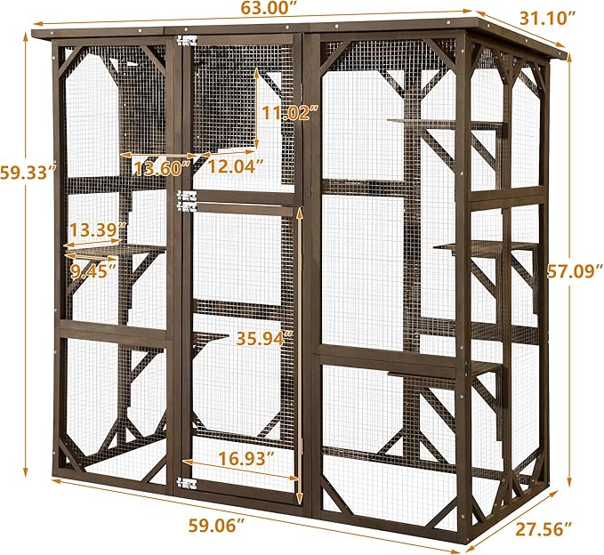 Grepatio Cat Enclosure Large Outdoor Catio Wooden Cat House with Weatherproof, Cat Cage Condo Indoor Playpen with Platform and Small House (Brown)