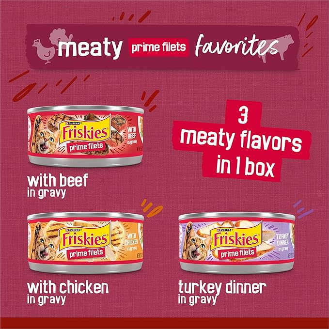 Friskies Purina Gravy Wet Cat Food Variety Pack,Prime Filets Meaty Favorites - 5.5 oz. Cans,(Pack of 48)
