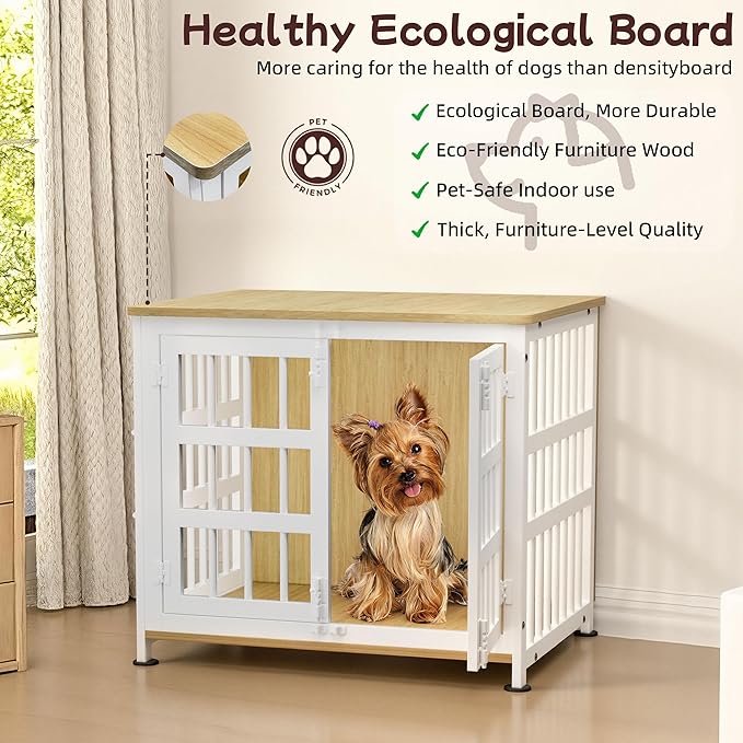 26'' Dog Crate Furniture Large Breed Dog Crate Dog Kennels for Inside Wooden Dog Crates End Table Heavy Duty Indoor Combination Cage for Medium to Large Dogs Oak