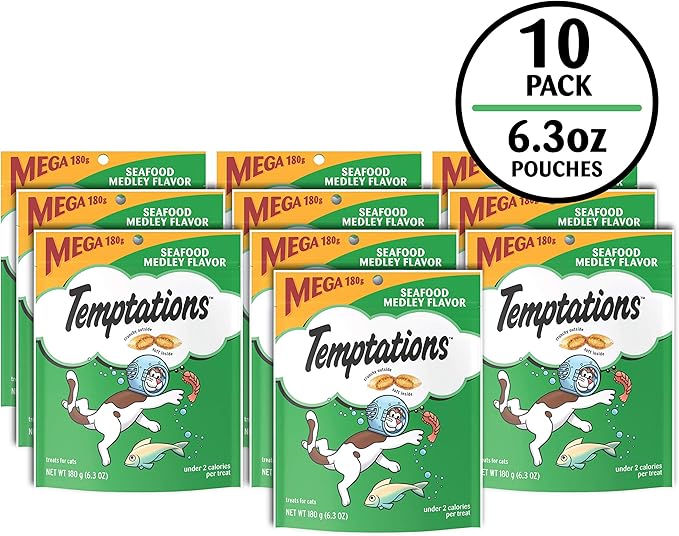 Temptations Cat Treats, Classic Crunchy and Soft Cat Treats, Seafood Medley Flavor, 6.3 oz. Pouch (Pack of 10)