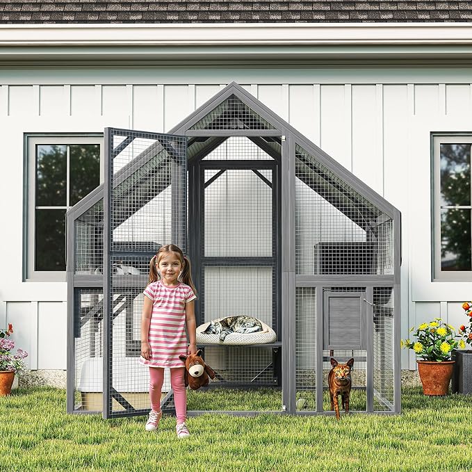 KEIKI 74" Large Outdoor Cat Enclosure for Multiple Cats, Weatherproof Wooden Catio with Platforms, Resting Boxes, Bridges and Canopy, Outdoor Cat House Cat Cage Outdoor, Gray