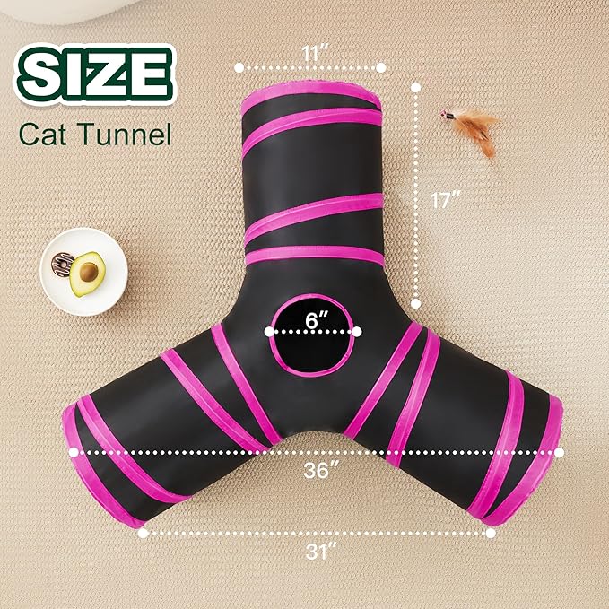 Love’s Cabin Cat Tunnel for Indoor Cats, 3-Way Collapsible Play Tunnel with Teaser Wand, Peek Holes & Toy Ball, Small Pet Toy for Kittens & Rabbits, White & Light Grey, Medium Size