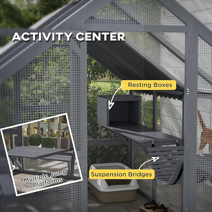 PawHut 110" L Large Catio Outdoor Cat Enclosure for Multiple Kittens, 56 sq.ft Wooden Cat House with Waterproof Cover, Walk in Kitty Cage Kennel with 2 Condos, 6 Platforms, Bridge, Doors, Gray