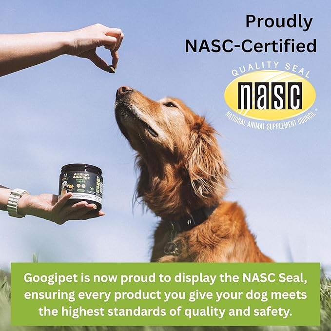 Googipet Dog Allergy Chews, Seasonal Dog Allergy Relief & Itchy Skin Relief, Skin & Coat Supplement +Bee Pollen, Colostrum, Coconut Oil, Probiotics, & Omega 3 Fish Oil for Dogs