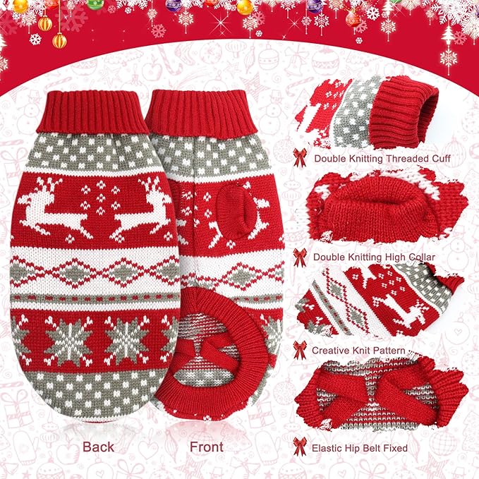 HYLYUN Cat Christmas Sweater 2 Packs - Puppy Christmas Sweater Pet Reindeer Snowflake Sweaters for Kittys and Small Dogs L