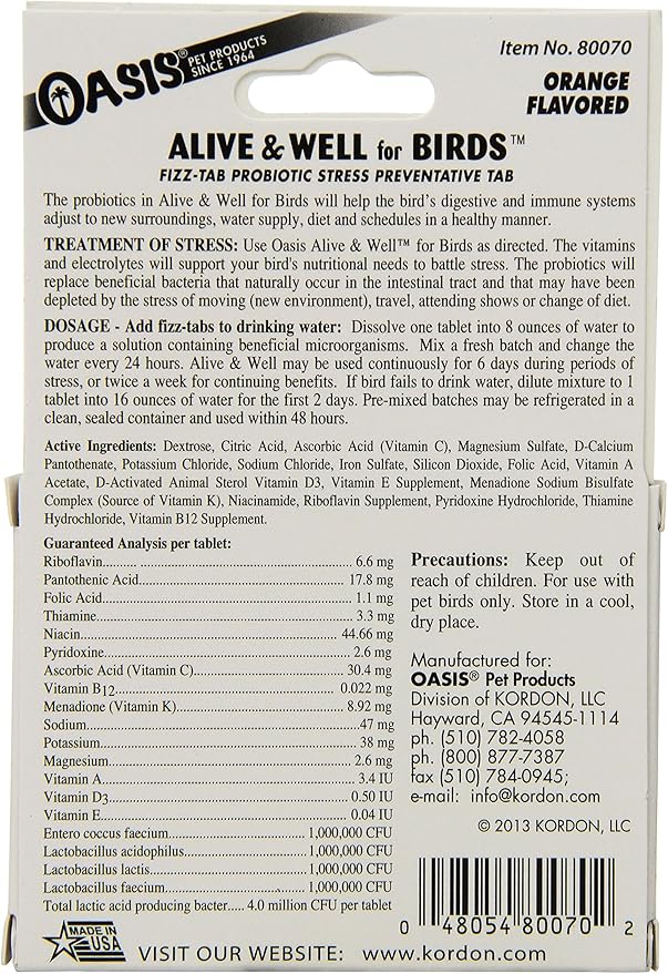 OASIS #80070 Alive and Well, Stress Preventative & Pro-Biotic Tablets for Birds, white, 1 Count (Pack of 1)
