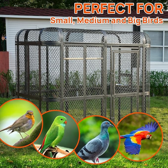 Large Walk-in Cage 77-inch Heavy Duty Birdcage Outdoor Diamond Grid Aviary Parrot Cage Wide Flight Metal Birdcage for Macaw Budgie Conure Lovebird Parakeet Cockatiel, 6.4x3.87x5.91ft, Silver