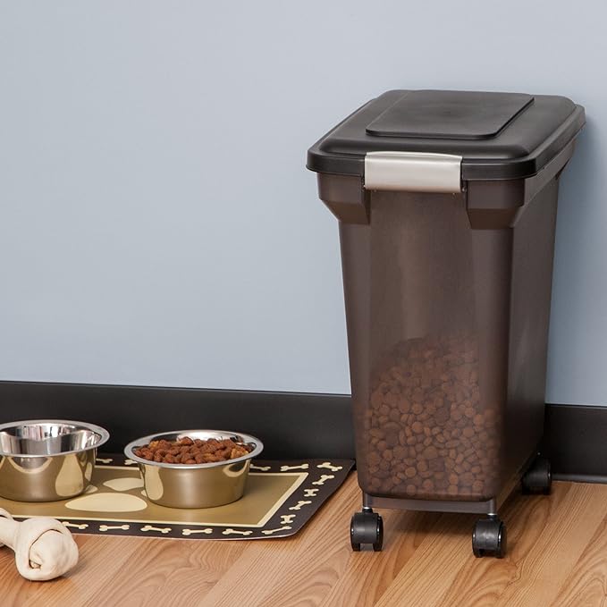 IRIS USA Airtight Dog Food Storage Container, WeatherPro, Up to 22 lbs, Removable Wheels, for Dog Cat Bird and Other Pet Food Storage Bin, Keep Fresh, Made in USA, Smoke