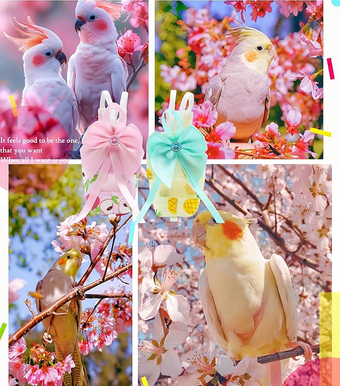 2 Pcs Bird Diapers Bird Harness Flight Suits Diapers with 80in Flying Leash Reusable Parrot Nappy with Waterproof Inner Layer for Cockatiel Budgie Conure Parakeet Lovebird-Pineapple&Peach