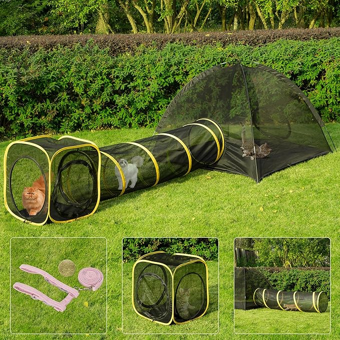 VIVOHOME Outdoor Cat Enclosures 3-in-1 Portable Catio w/Large Cat Tent, Tunnel, Playhouse, 5 Piece Door, Cat Leash, Mint Ball for Rabbits, Dogs and Feline Friends to Explore in Yard, Balcony, Camping