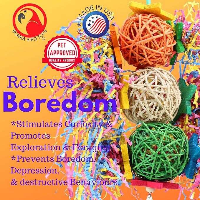 Bonka Bird Toys 1854 Tri Foraging Star 13" x 8" Natural Vine Ball Chew and Shred Toy for Medium to Large Birds Like Conures African Greys Amazons and Similar