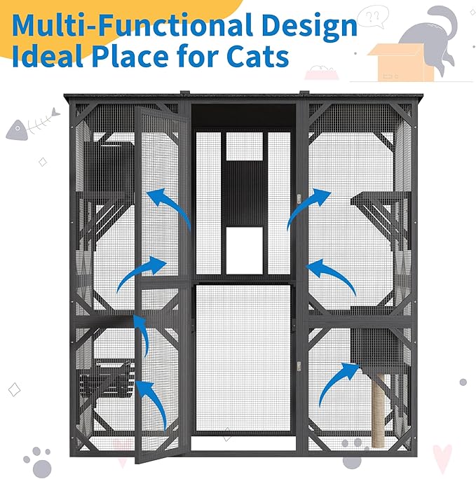 Large Walk-in Window Catio Outdoor, 70'' Wooden Cat Enclosure for Mulitiple Cats with Waterproof Roof, Feral Cat Shelter with Platforms, Hammock, Scratching Post and Resting Box Grey