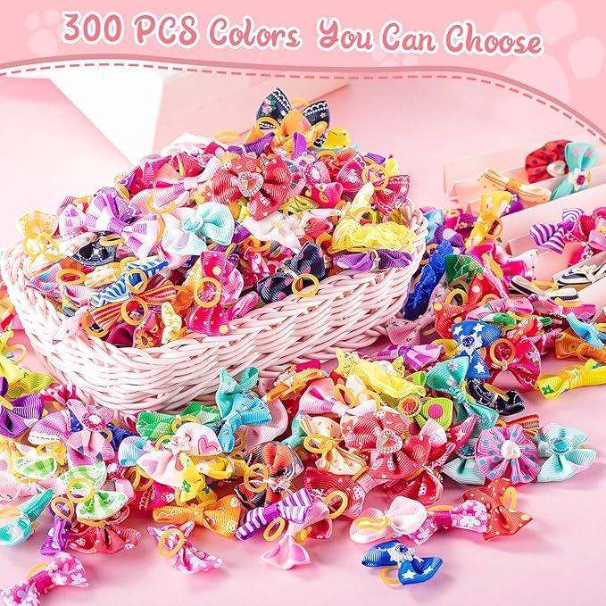 Reginary 300 Pack Dog Bows Grooming Cute Dog Hair Bows Girl with Rubber Bands Small Puppy Bowknots Colorful Hair Accessories for Puppies Pets Gift