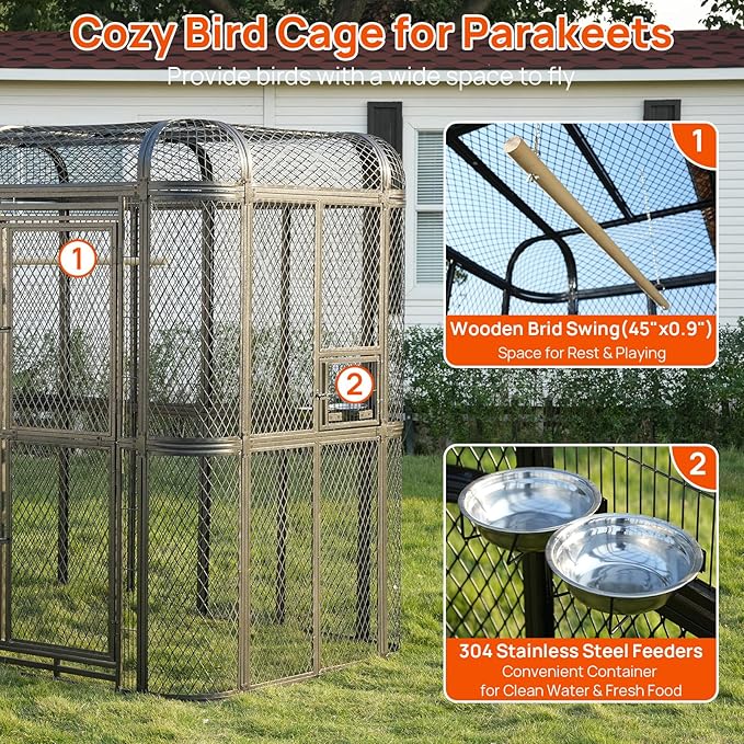 Large Walk-in Cage 77-inch Heavy Duty Birdcage Outdoor Diamond Grid Aviary Parrot Cage Wide Flight Metal Birdcage for Macaw Budgie Conure Lovebird Parakeet Cockatiel, 6.4x3.87x5.91ft, Silver