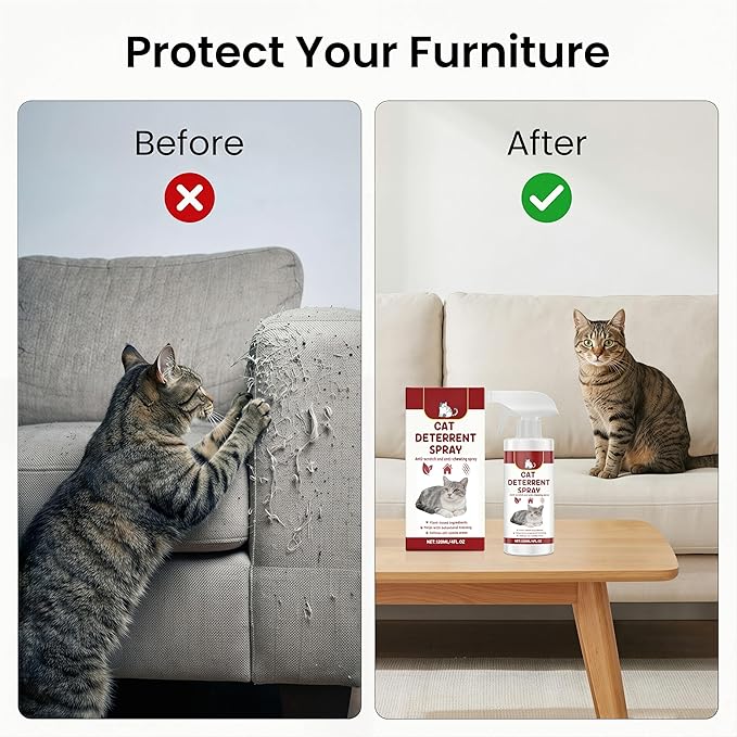 Cat Deterrent Spray, Indoor & Outdoor Pet Training Aid, Cat Scratch & Urine Marking Deterrent for Furniture Protection, Plant-Based Safe Formula for All Cat Ages (4 Fl Oz/120ml)