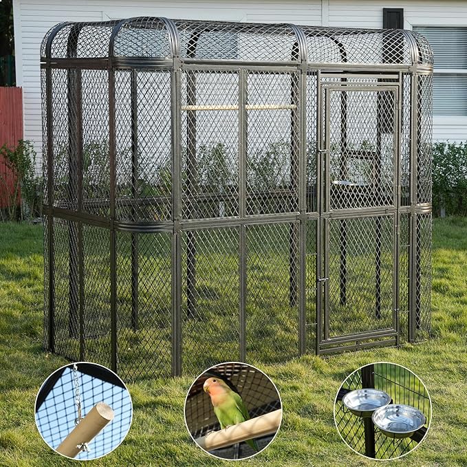Large Walk-in Cage 77-inch Heavy Duty Birdcage Outdoor Diamond Grid Aviary Parrot Cage Wide Flight Metal Birdcage for Macaw Budgie Conure Lovebird Parakeet Cockatiel, 6.4x3.87x5.91ft, Silver