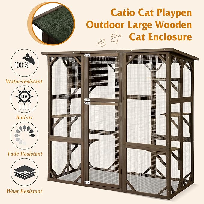 Grepatio Cat Enclosure Large Outdoor Catio Wooden Cat House with Weatherproof, Cat Cage Condo Indoor Playpen with Platform and Small House (Brown)
