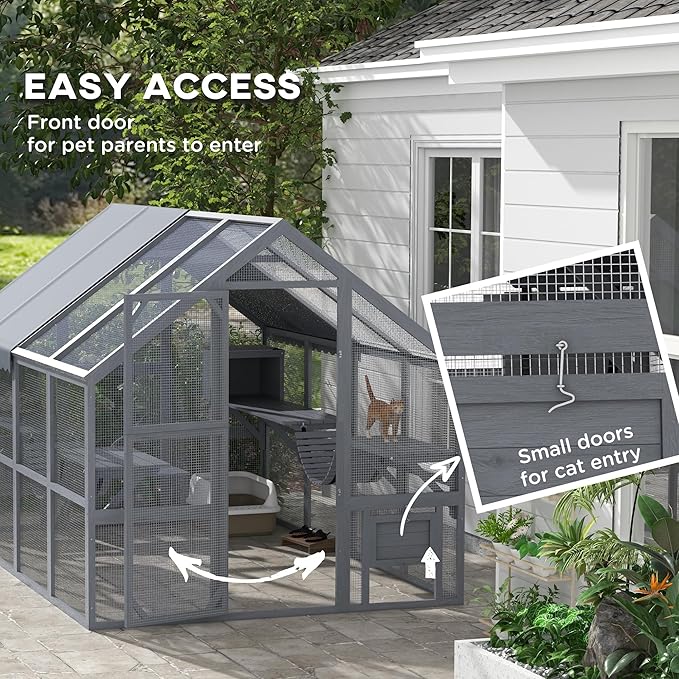 PawHut 110" L Large Catio Outdoor Cat Enclosure for Multiple Kittens, 56 sq.ft Wooden Cat House with Waterproof Cover, Walk in Kitty Cage Kennel with 2 Condos, 6 Platforms, Bridge, Doors, Gray