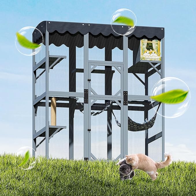 COZIWOW 72Inches Large Wood Catio Outdoor Cat Enclosure with Waterproof Roof, Multi-Level Cat House for 2-3 Cats, Spacious Perches, Hammock, and Scratching Post（Grey Fashion Pattern）