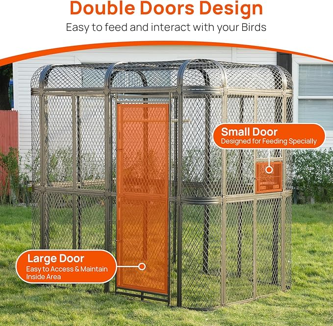Large Walk-in Cage 77-inch Heavy Duty Birdcage Outdoor Diamond Grid Aviary Parrot Cage Wide Flight Metal Birdcage for Macaw Budgie Conure Lovebird Parakeet Cockatiel, 6.4x3.87x5.91ft, Silver