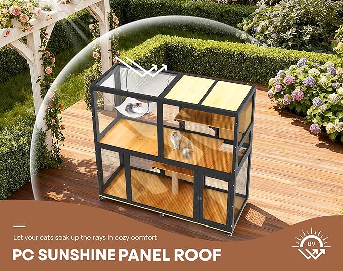 Catio Indoor Cat Enclosure on Wheels, 2-Tier Large Cat Catio for Multiple Cats, Wooden Kitty Cage with Resting Box, Platform, Sunshine Roof, Black and Yellow