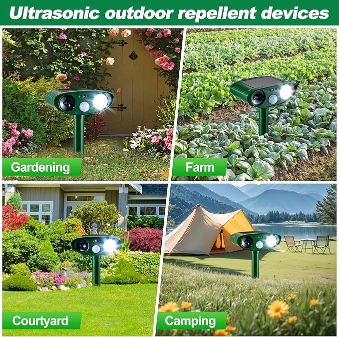 4 Pack Solar Animal Repeller for Raccoons, Deer & Squirrels - Ultrasonic & Strobe Light, Outdoor Deterrent for Cats, Dogs, Raccoons, Rabbits, Skunks, Foxes & More