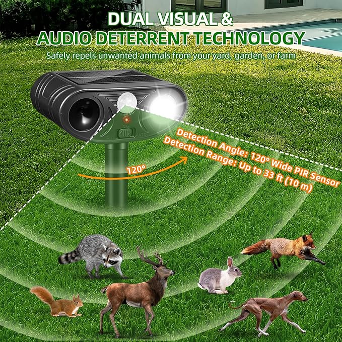 2026 Solar Ultrasonic Racoon Fortress Pro, Deer Cat Repellent Devices Animal Repeller Squirrel Rabbit Deterrent Outdoor with Motion Sensor&Flash Light to Scare Dog Skunk Out of Garden Yard(4Pack)