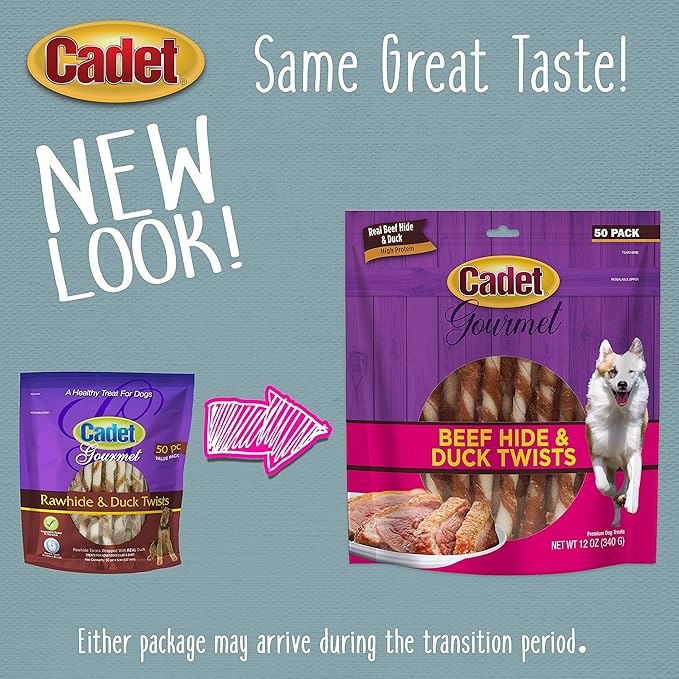Cadet Gourmet Twists Sticks- Long Lasting & Natural Dog Treats for Large & Small Dogs Beef Hide & Duck - Inspected & Tested in USA (50 Count) (Pack of 2)