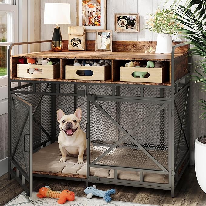 Dog Crate Furniture, 43" Heavy Duty Wooden Dog Crate End Table, XL Dog Kennel Furniture Large Breed, Decorative Dog Kenne Indoor with 3 Drawers & Steel Tubes 43" L x28 W x36 H (Rustic Brown)