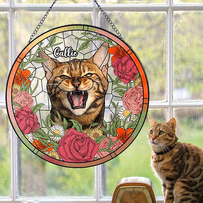 Lovely POD Suncatcher Stained Glass Windows for Cat, Memorial Keepsake Remembrance Gift for Fur Lovers, Sympathy Ornament Window Hanging Gift for Loss of Cat, Home Decor Gifts for Pet Day, Christmas