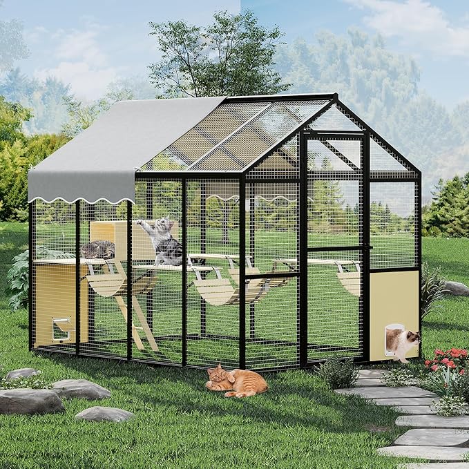 Large Outdoor Cat Enclosure for Multiple Cats - Weatherproof Catio with UV Cover, Platform & Side Door