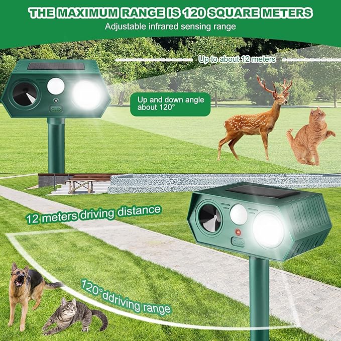 2025 Solar Animal Repellent,Upgraded Ultrasonic Cat Repellent Outdoor,Waterproof Deer Deterrent for Bird Dog Skunk,Squirrels Deterrent with Motion Detection Flash Lights for Outdoor Farm (2 Pack)