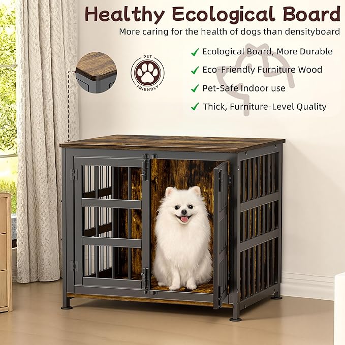 26'' Dog Crate Furniture Large Breed Dog Crate Dog Kennels for Inside Wooden Dog Crates End Table Heavy Duty Indoor Combination Cage for Medium to Large Dogs Walnut